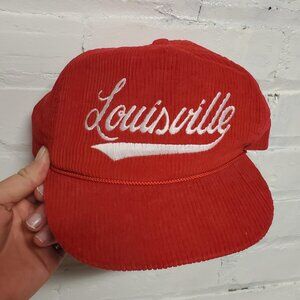 mens red and white corduroy vintage 80s Louisville spellout script snapback hat